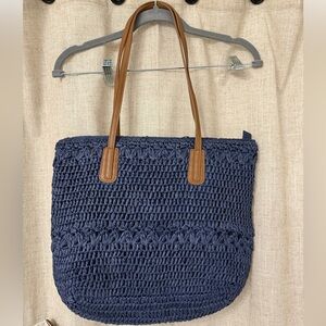 Talbots Navy Crochet Tote with Brown Handles